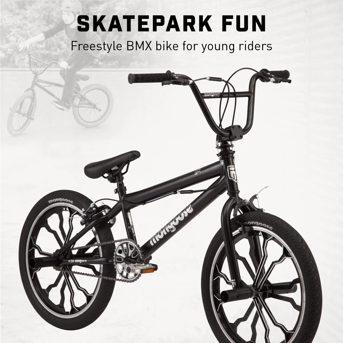 Mongoose Rebel Kids BMX Bike, 20-in. Wheels, Children & Tweens Ages 7-13, Black Bicycle