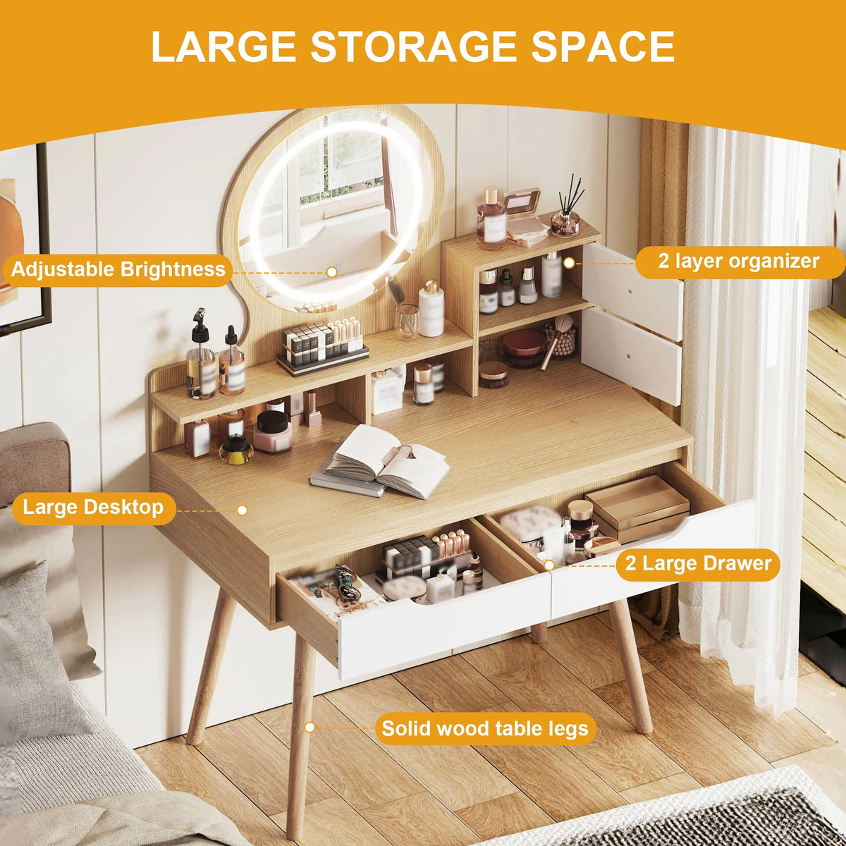 Montary Modern Mini Vanity w/Adjustable LED Mirror + Hidden Storage, Padded Stool & Dustproof Shelves (White)