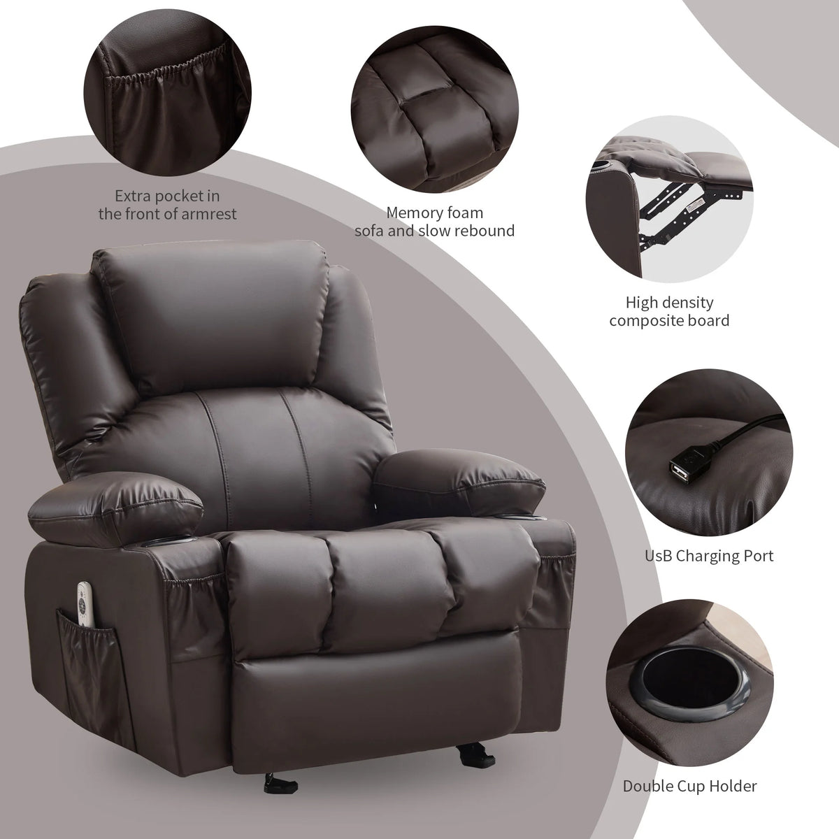 JONPONY Manual Recliner Chair with Heat Therapy and Massage Function, Heavy Duty Reclining Mechanism Massage Chair, Elderly Single Rocker Sofa with Cup Holders for Bedroom Home Theater,Black