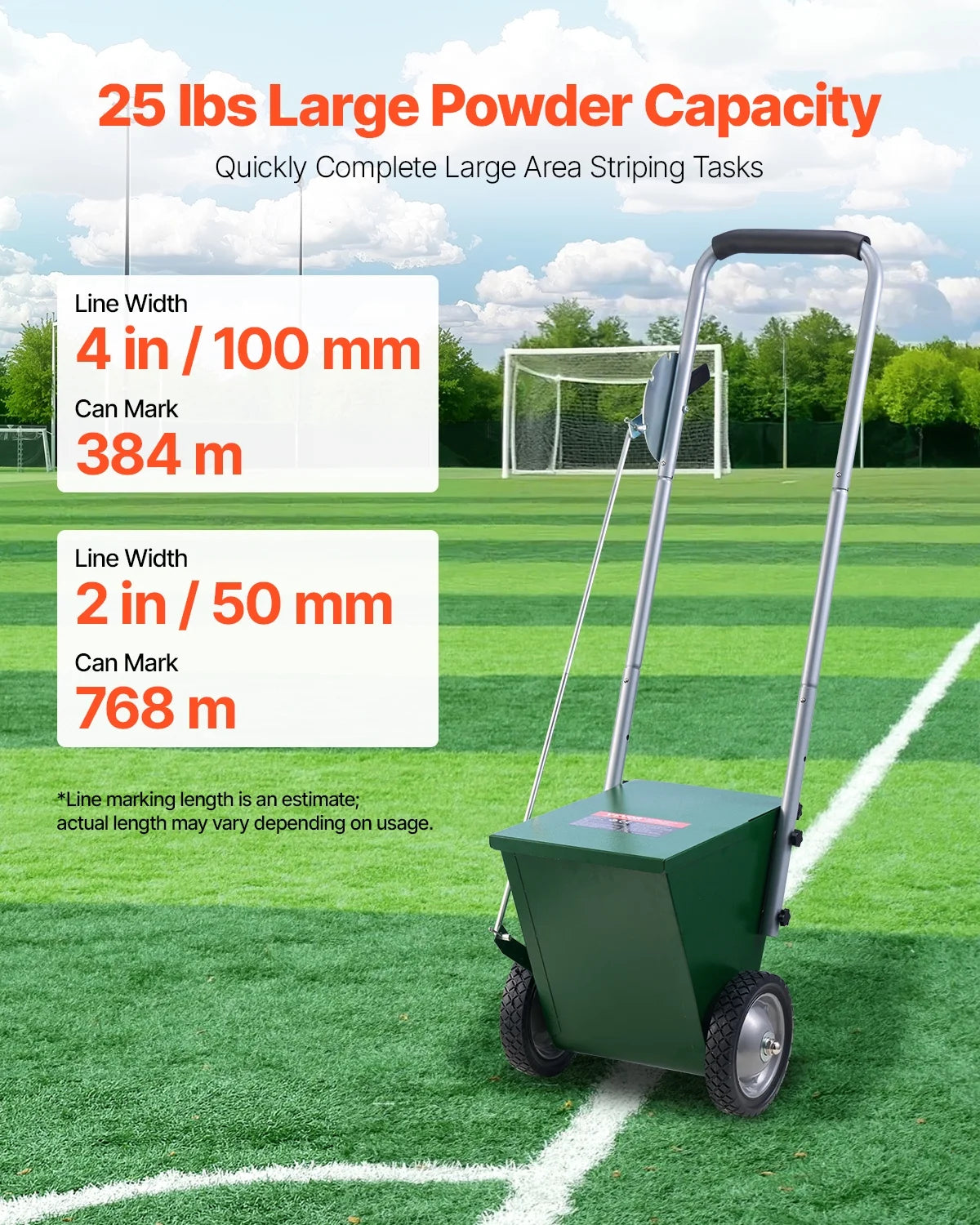 VEVOR Dry Line Marker, 2-Wheel, 2 or&nbsp;4 in Lines, Field Dry Line Chalker, Adjustable Line Marker, with Rubber Adjustment Handle, 25 lbs Large Powder Capacity, for Baseball, Green