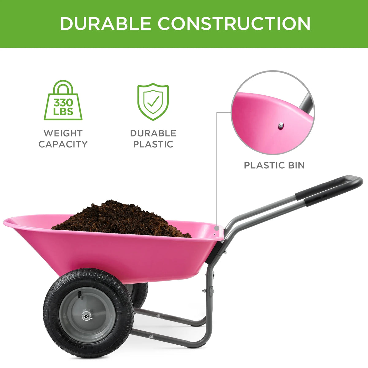Best Choice Products Dual-Wheel Home Wheelbarrow Yard Garden Cart for Lawn, Construction - Green