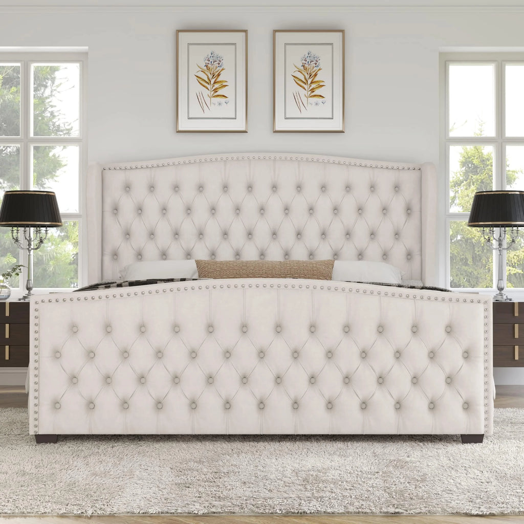 VANACC Queen Size Bed Frame, Velvet Upholstered Bed with Deep Button Tufted Wingback Headboard��Grey