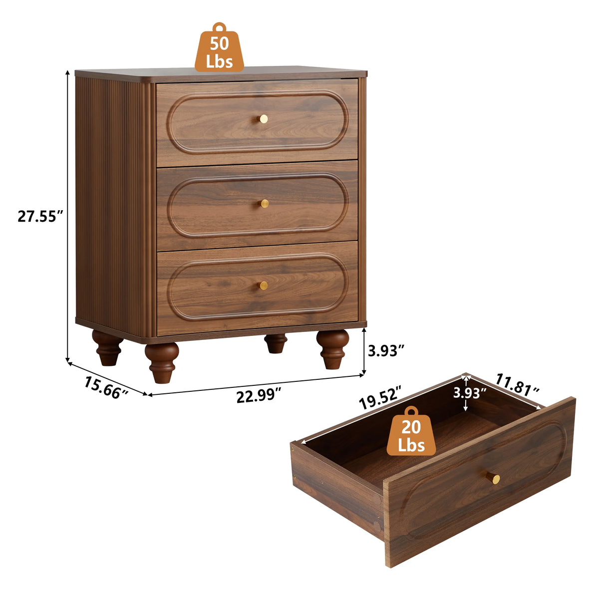 YOCWO 3 Drawer Nightstand, Classic Chest of Drawers with Arc Edge, Walnut