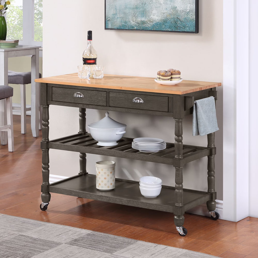 Convenience Concepts French Country 3 Tier Butcher Block Kitchen Cart with Drawers, Wirebrush Dark Gray/Butcher Block