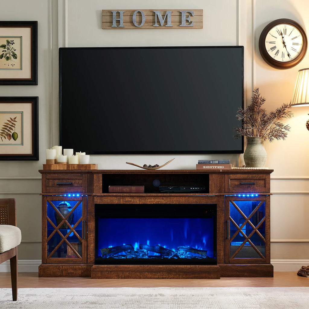 OKD Farmhouse 3-Sided Fireplace TV Stand for 80" TVs, 70" Entertainment Center with Electric Fireplace and Storage Drawers, Antique White