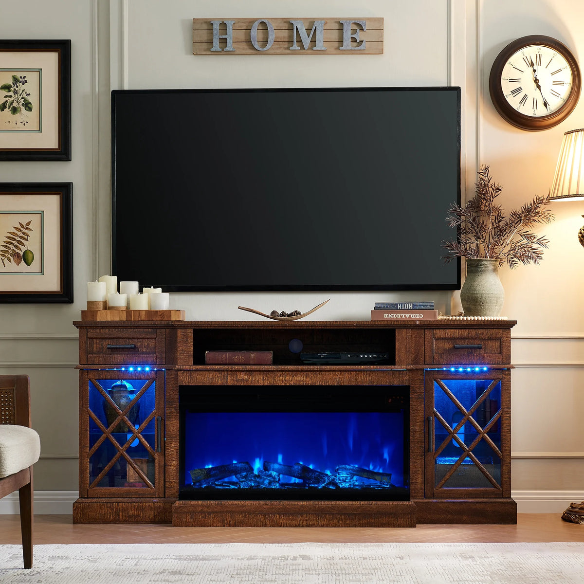 OKD Farmhouse 3-Sided Fireplace TV Stand for 80" TVs, 70" Entertainment Center with Electric Fireplace and Storage Drawers, Antique White