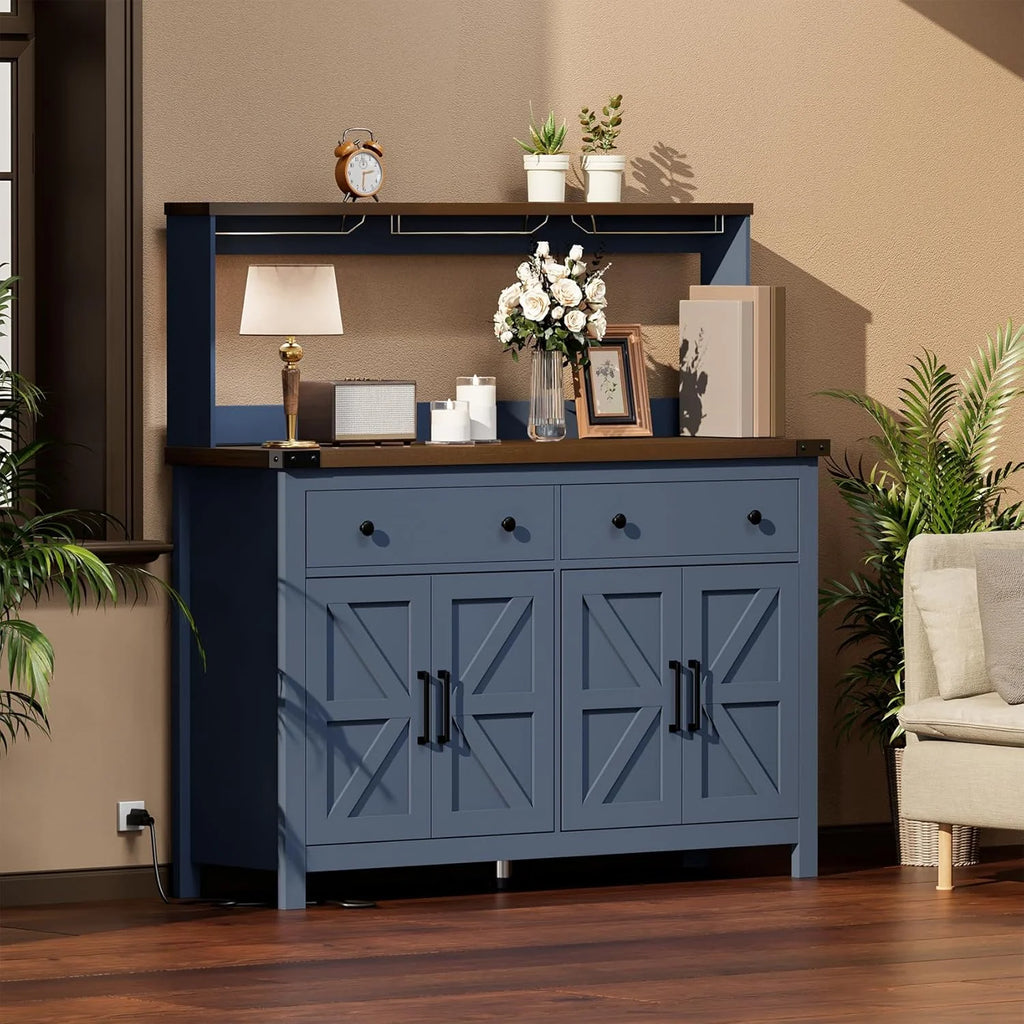 Winkalon Coffee Bar Cabinet with Hutch, 55" W Kitchen Buffet Sideboard Cabinet with 2 Drawers & USB Power Station, Black