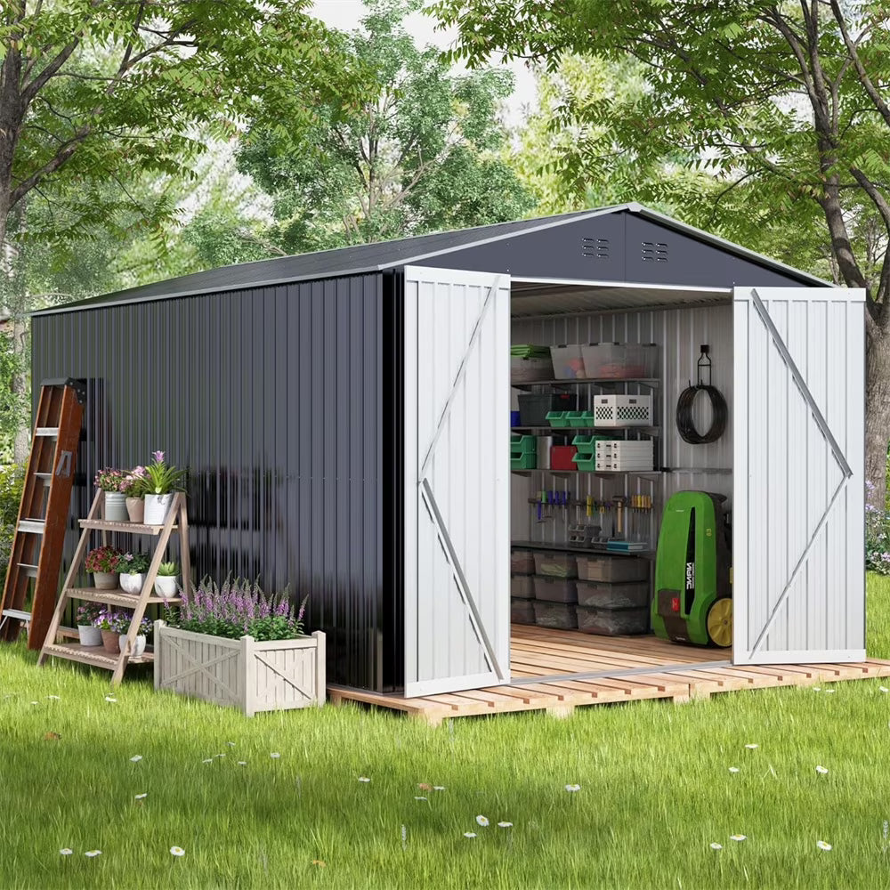 HighSound 6 x 8 FT Outdoor Storage Shed, Metal Garden Shed with with Updated Frame Structure, Tool Sheds for Backyard Garden Patio Lawn Grey