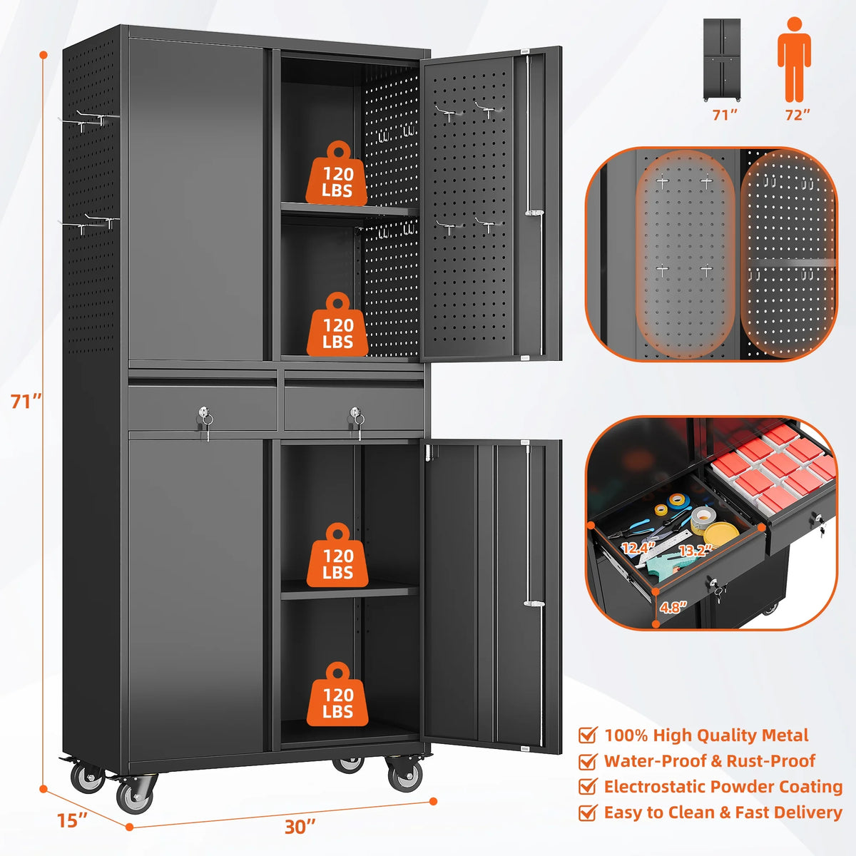 Aobabo Metal Storage Cabinet with Lock,Garage Storage Cabinet with Wheels,72In Steel Storage Cabinet for Garage Home Storage, Black Required-Assembly