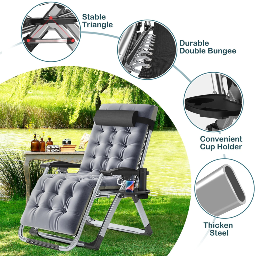 NAIZEA 2 Pack Zero Gravity Chair, Foldable Portable Lawn Recliner with Cushion, Headrest, Cup Holder, Black