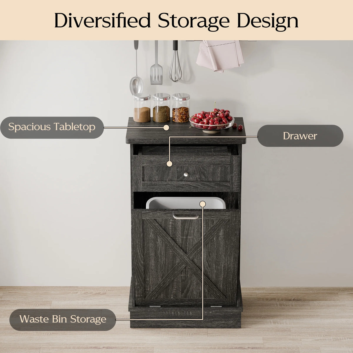 Tolead Double Tilt Out Trash Cabinet, Wooden Free Standing Laundry Sorter Cabinet, with Hideaway Drawer, White