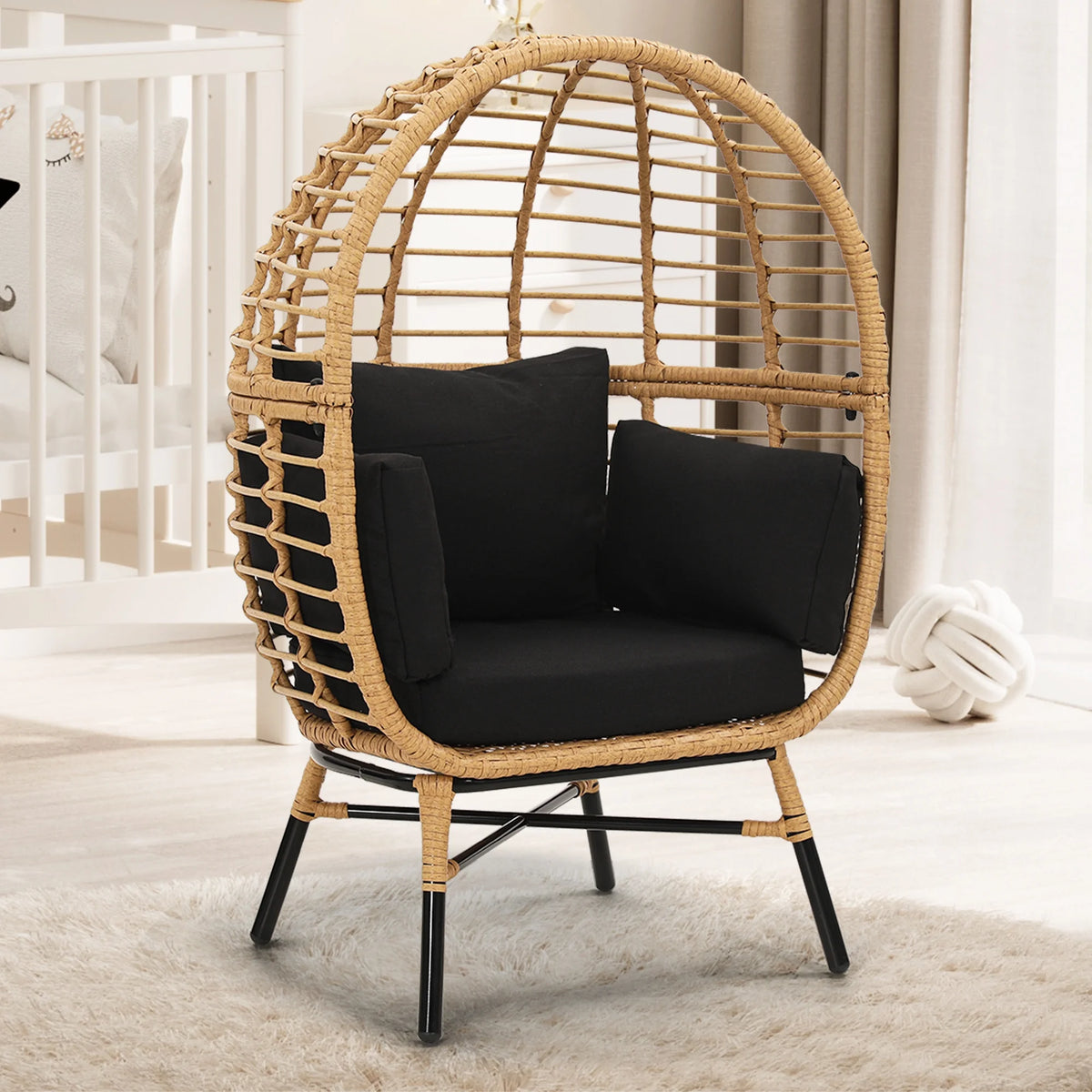 Skandiquip Oversized Rattan Adult Egg Chair, 360 Swivel, Outdoor Patio Chair with overstuffed Cushions, Indoor Large Wicker Egg Chair, Natural Rattan, Beige Cushion