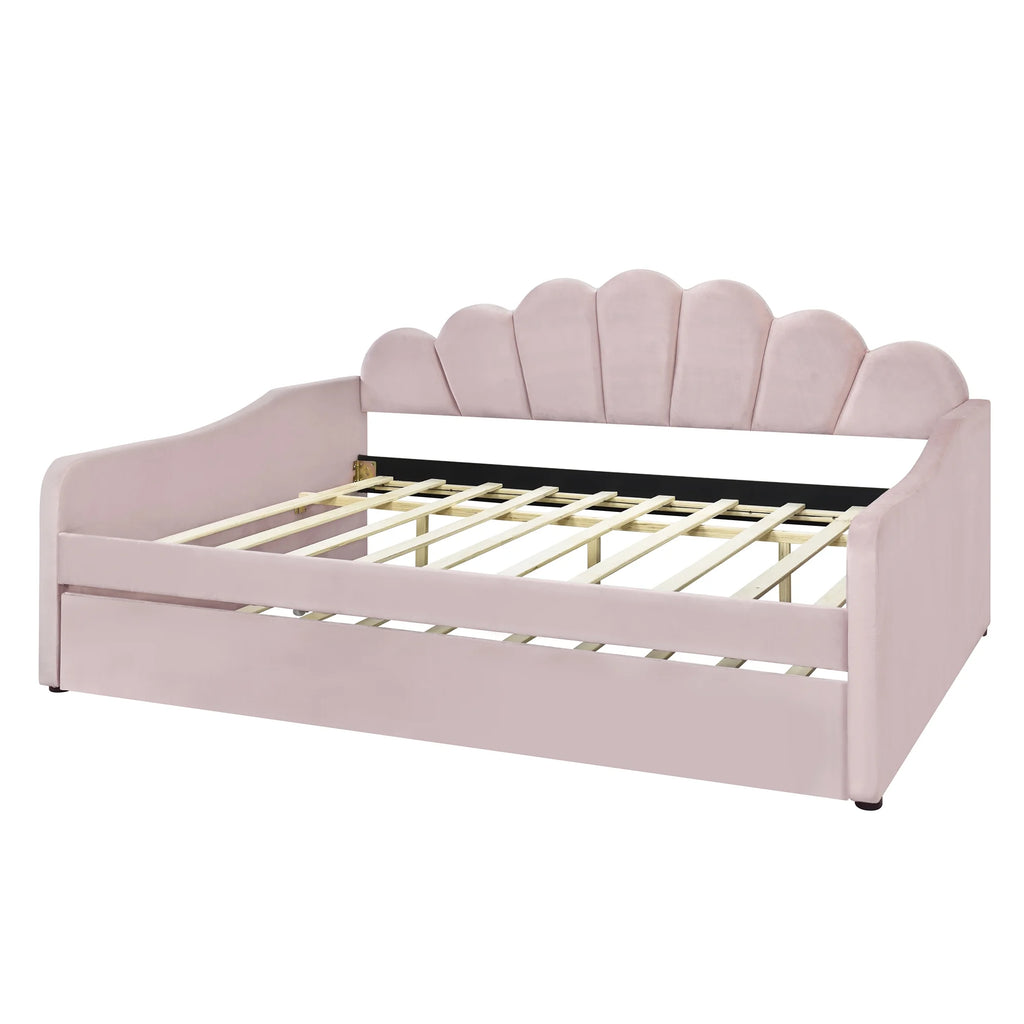 EUROCO Upholstery Full Size Platform Bed, Upholstered Daybed with Headboard and Trundle, Beige