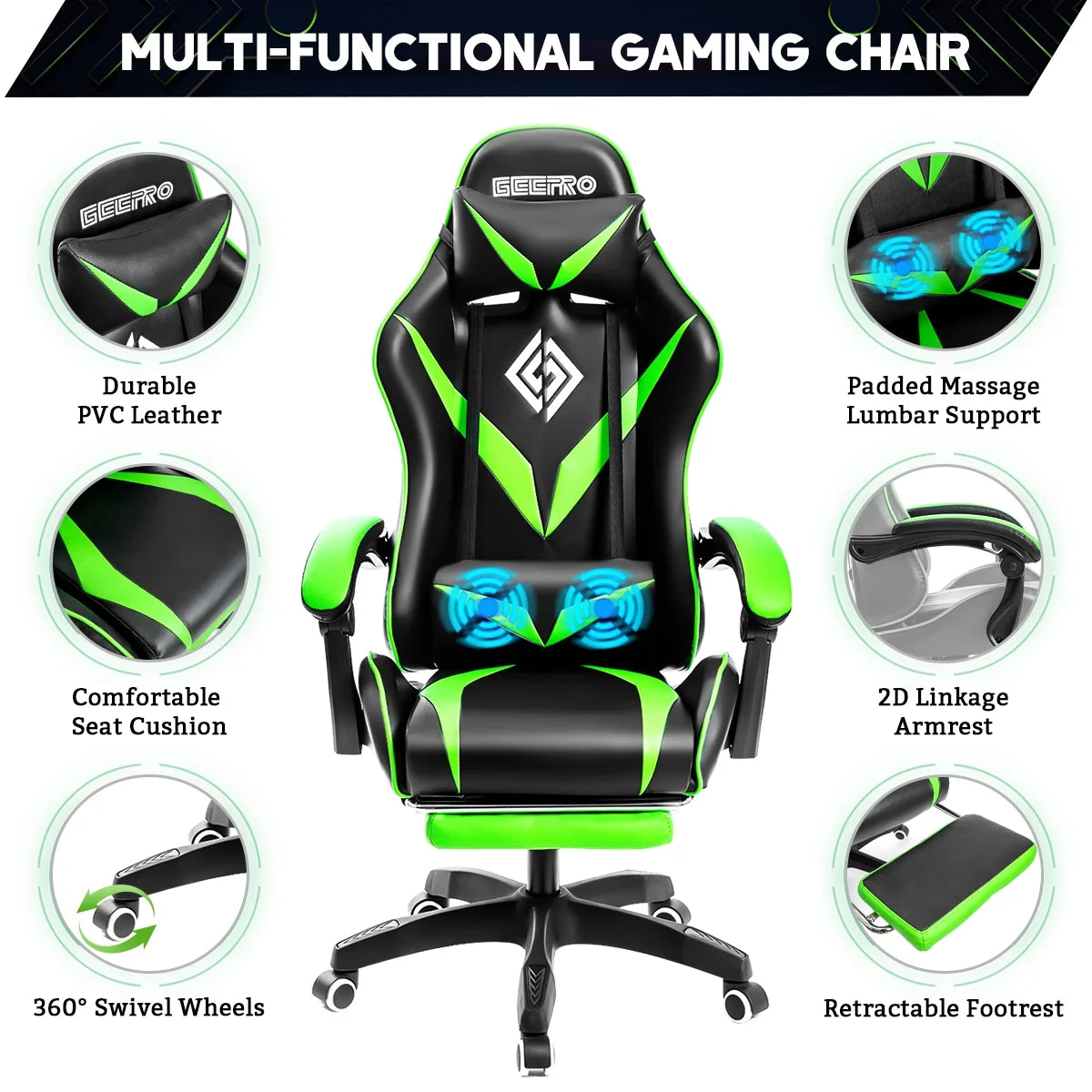 Gaming Chair with Massage Gamer Chair with 2D Armrests for Kids