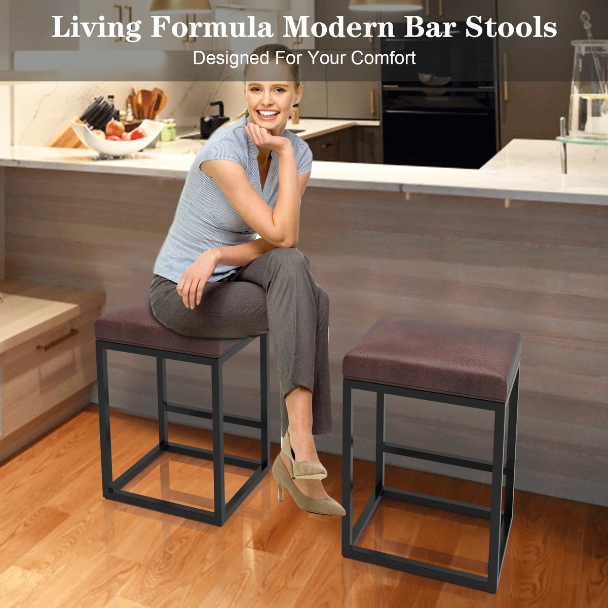 Nathaniel Home 24 Inch Bar Stools Set of 2, Modern PU Leather Metal Barstool, Backless Kitchen Dining Cafe Stool, Upholstered Bar Stool with Footrest, Gray