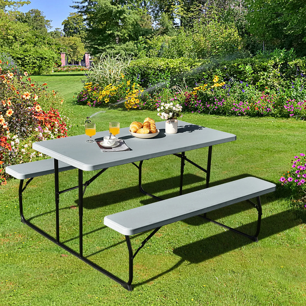 Costway Indoor & Outdoor Folding Picnic Table Bench Set w/ Wood-like Texture Grey