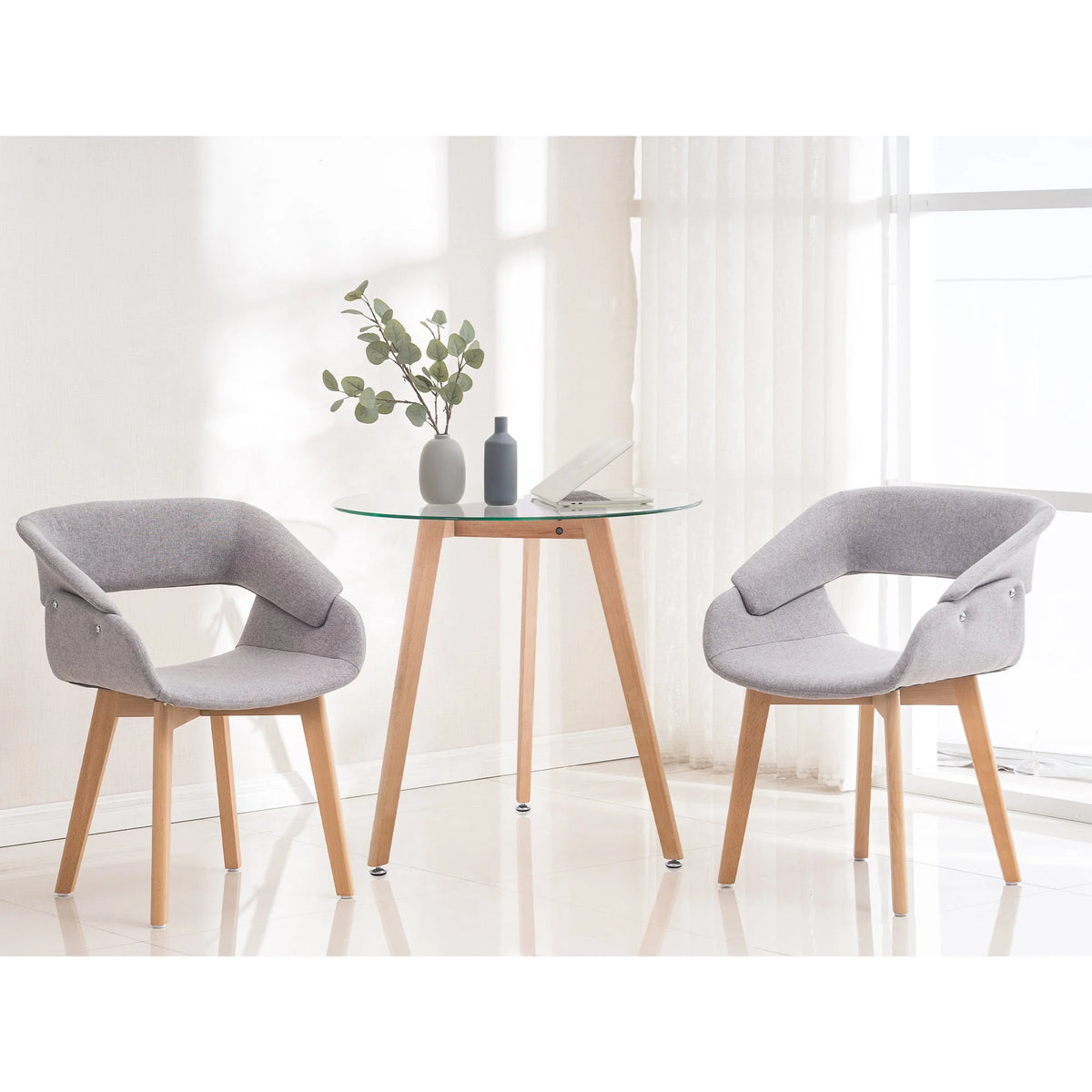 Ivinta Modern Round Glass Home Kitchen Small Dining Table Brown Oak Legs 31.5 inch