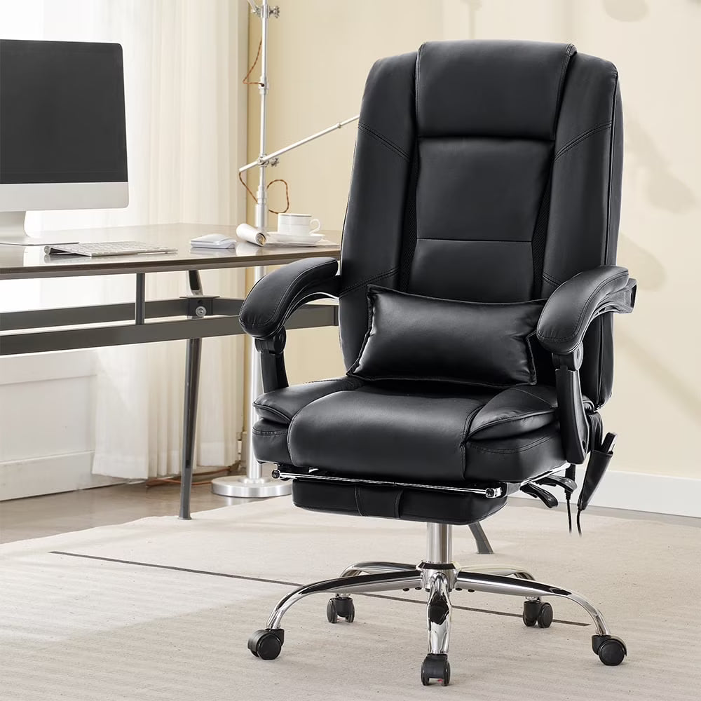 JONPONY Big and Tall Office Chair 500LBS Executive Office Chair Massage and Footrest Ergonomic Computer Desk Chair Reclining High Back Leather Office Chair Lumbar Back Support Swivel Rolling,Black
