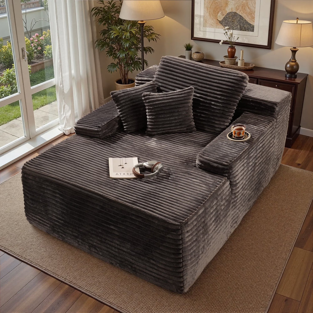 Ovios 67'' Oversized Chaise Lounge Chair Indoor Cloud Plush Corduroy Floor Sofa Bed Deep Seat No Assembly Couch for Living Room, Black