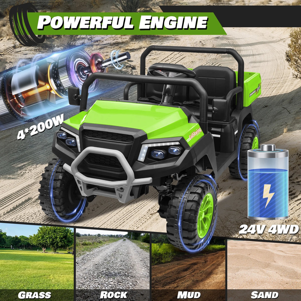 Joyracer 4WD 24 Volt Ride on Toys UTV with 2 Seater & Remote Control, Kids Electric Golf Cart w/ 4x200W Power Motors, Tiltable Trailer & Shovel, 4 Wheels Spring Suspension, Bluetooth USB Music, Black