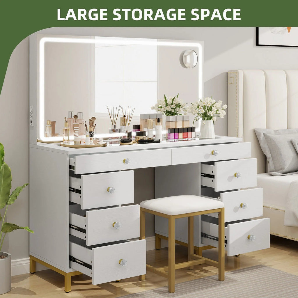 Uforic 55" Vanity Desk with Lighted Mirror & Power Outlet & 8 Drawers, Modern Makeup Vanity Table Set with Storage Stool, White