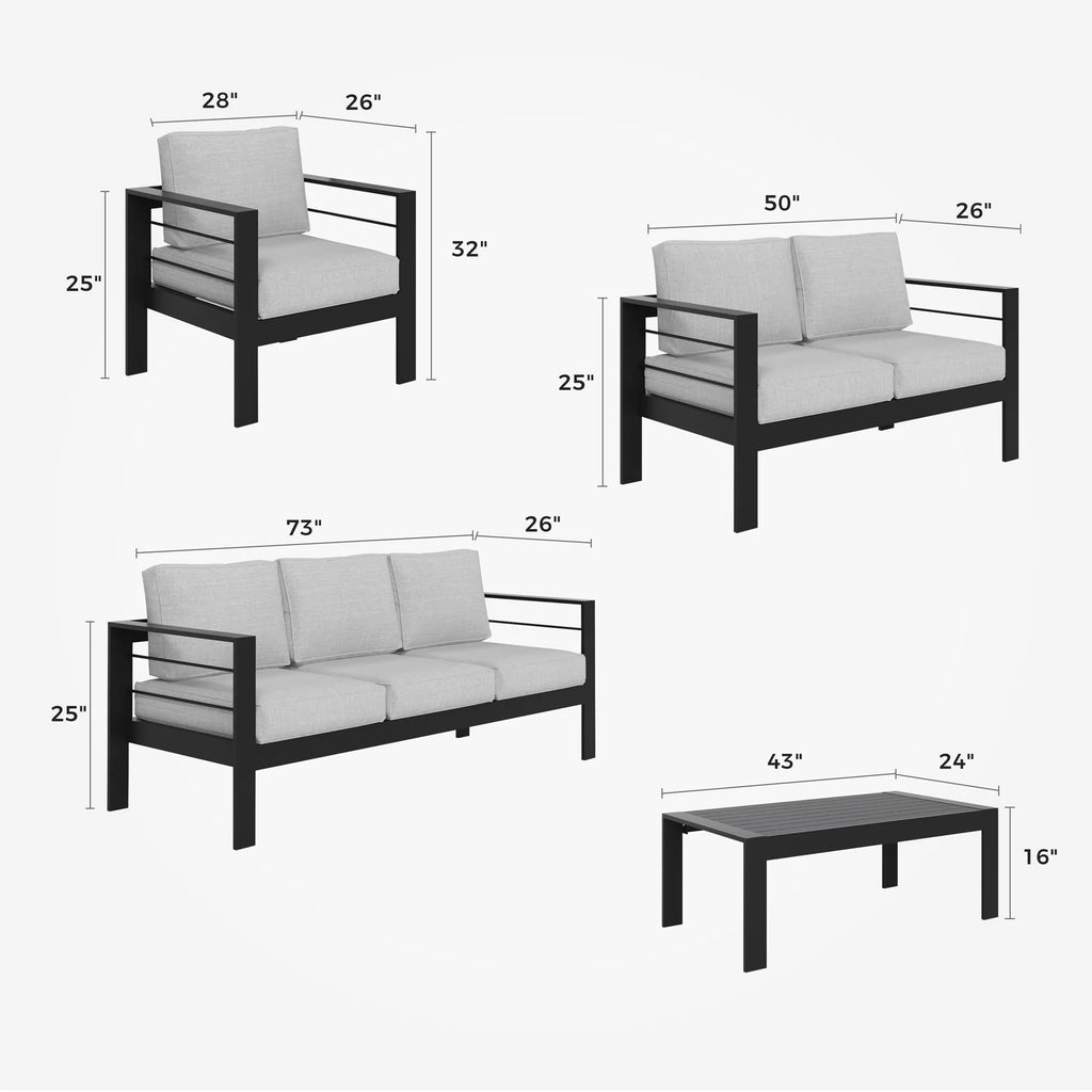 CozyHom 5 Pcs Outdoor Patio Aluminum Furniture Sofa Sets, Outside Patio Conversation Couch Sets With Table&Cushions for Garden Porch, Gray