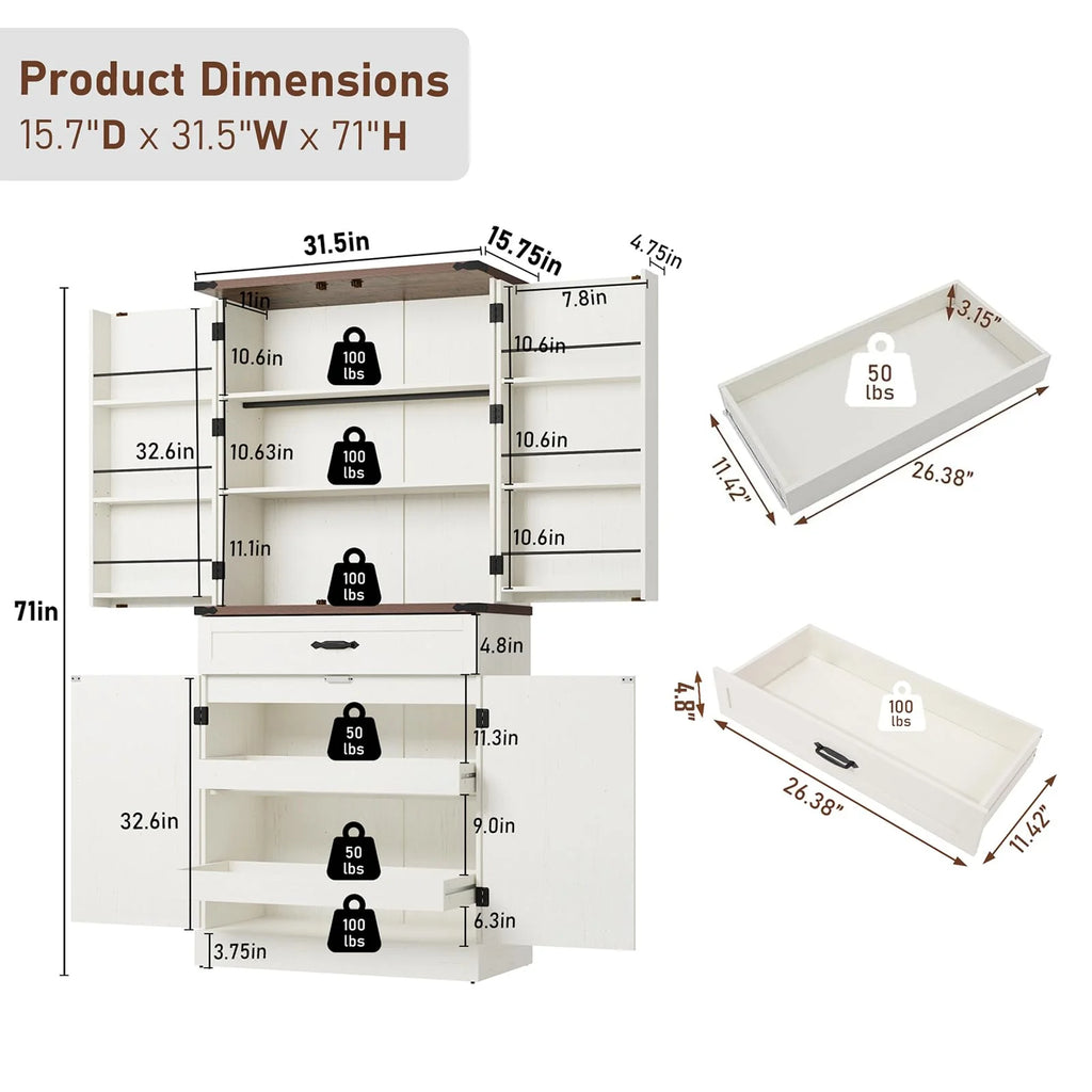71" Tall Farmhouse Kitchen Pantry with 12 Side Shelves & Adjustable Shelves, 5 Layers Pantry Storage Cabinet w/Load-Bearing Steel Pipe & 4 Barn Doors for Kitchen, Dining Room, Living Room, Brown