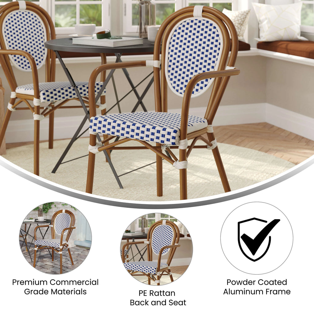 Merrick Lane Stacking Thonet French Bistro Style Chair with Arms, Black & White PE Rattan Seat, and Bamboo Finished Metal Frame for Indoor/Outdoor Use