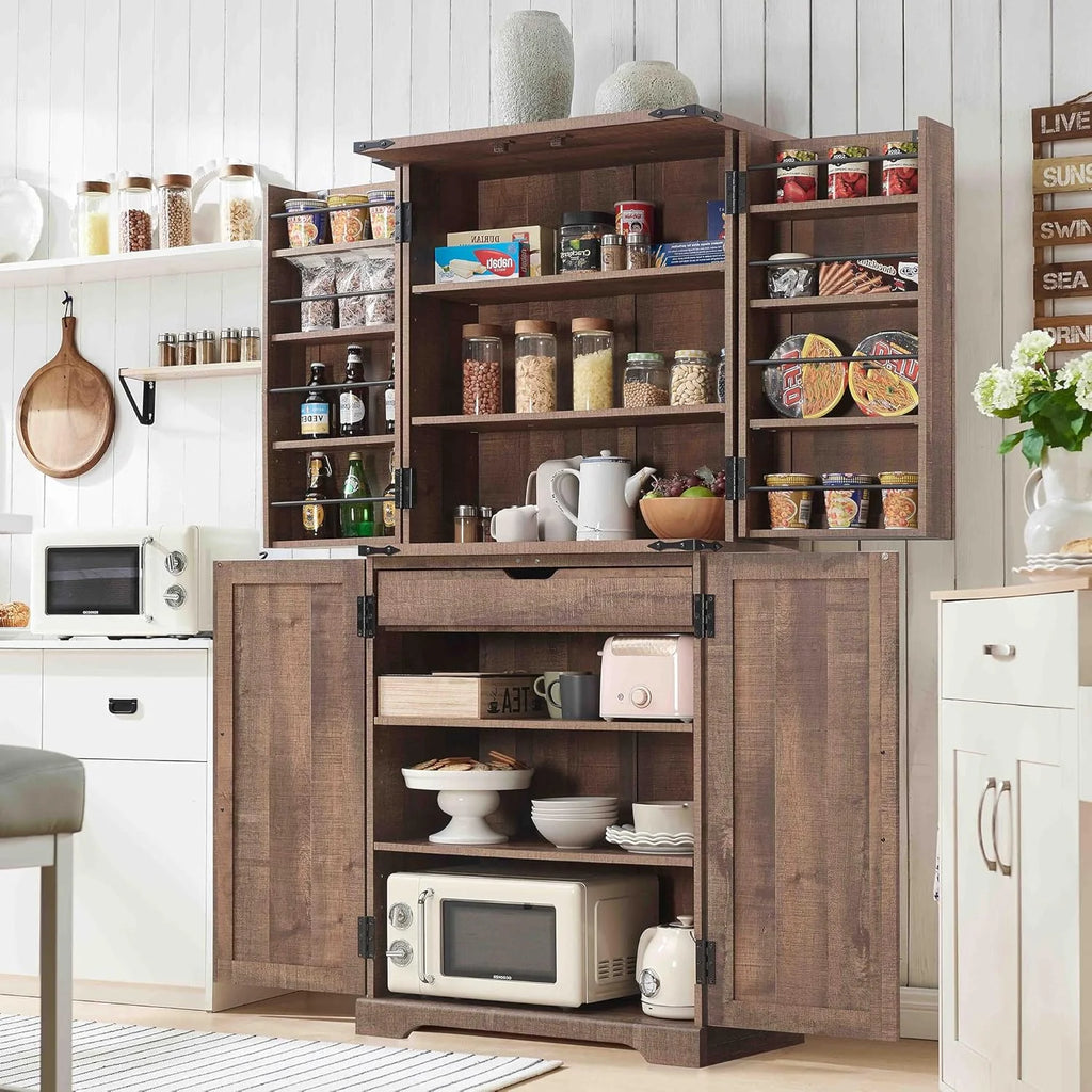 47" Kitchen Pantry, Farmhouse Storage Cabinet with Barn Doors, Organizer and Adjustable Shelves, Rustic Wood Cupboard for Kitchen, Dining Room, Bathroom and Hallway, Black