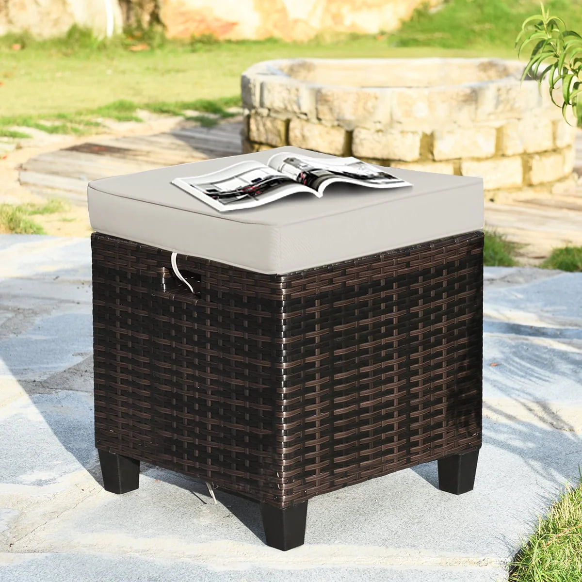 Gymax Set of 2 Patio Rattan Ottoman Footrest Garden Outdoor w/ Brown Cushion