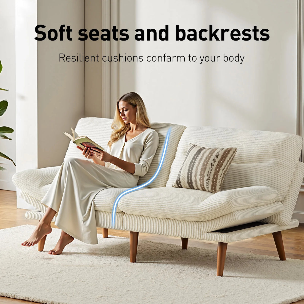 CHITOOMA 66" Futon Sofa Bed with Adjustable Backrest and 6-Level Armrests, Grey Corduroy Convertible Futon Couch, Comfy Loveseat for Small Spaces, Apartment or Office