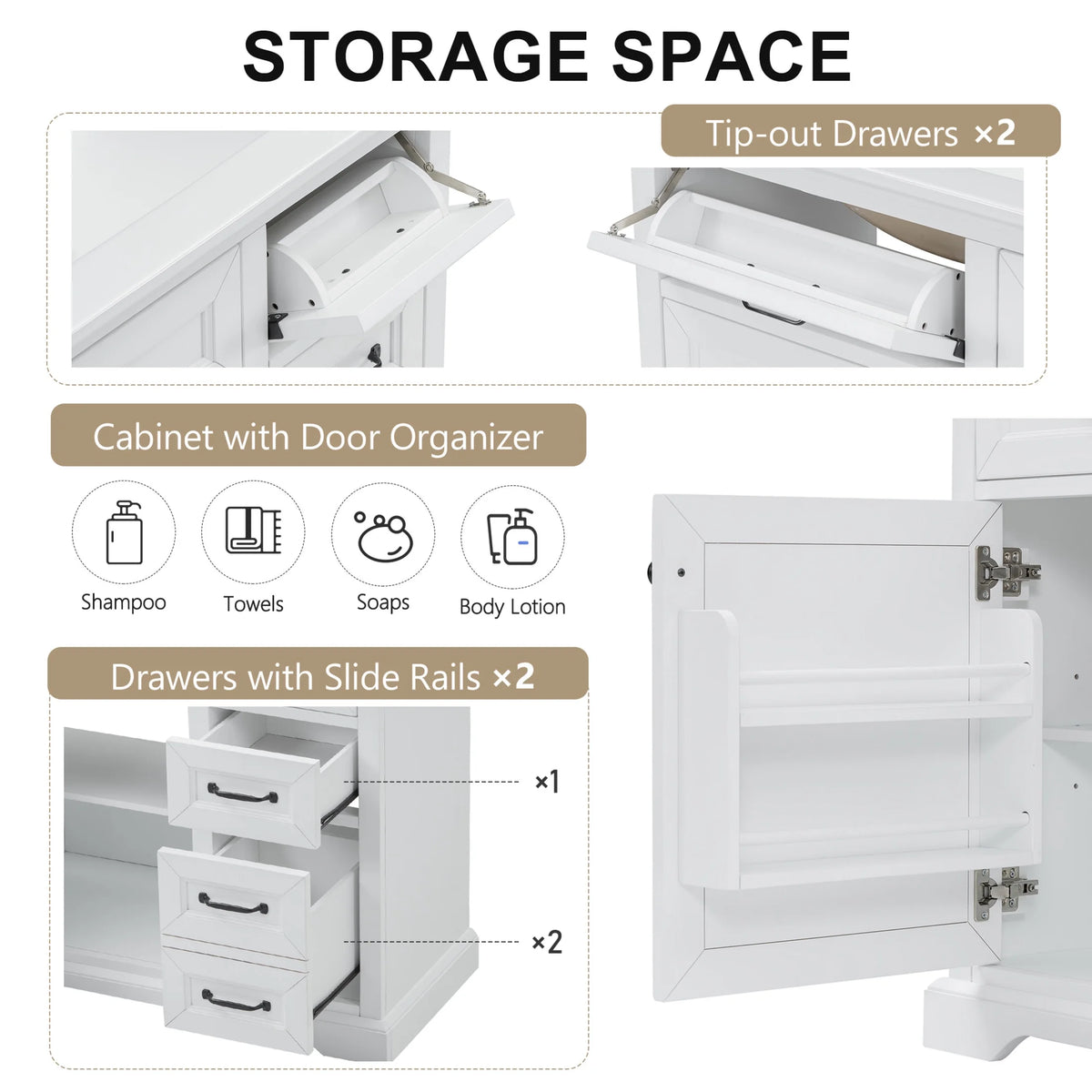 Christopher Knight Home 36" Bathroom Vanity with Sink, Tip-out Drawers, Soft-Close Doors, Grey