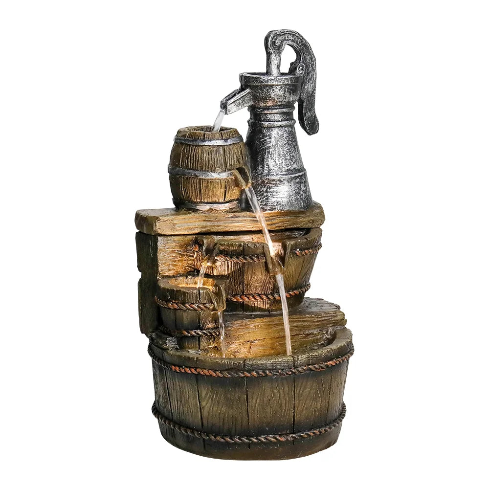 Outdoor Floor Rustic 5-Tiered Barrel and Pump Water Fountain for Garden and Patio Decor