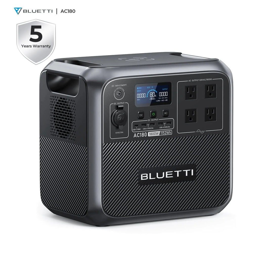 Bluetti AC180 Solar Generator, 1152Wh LiFePO4 Power Station, 1800W Portable Solar Generator for Off-Grid Living, Home Use, Camping, RV