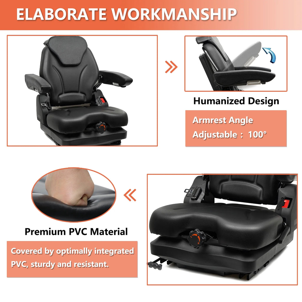 TICSEA Low Profile Suspension Tractor Seat, Adjustable Backrest & Slide Rails