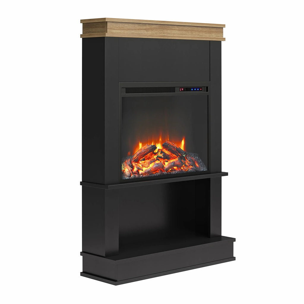 Mateo Electric Fireplace with Mantel and Open Shelf, Black with Natural