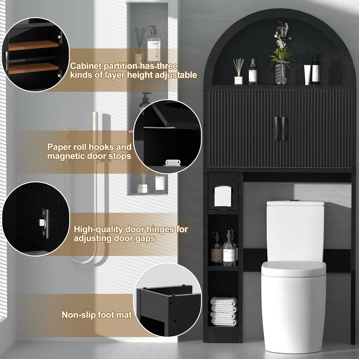 HARIPUL Over The Toilet Storage Cabinet w/ Unique Wood Grain & Arc Design, Freestanding Bathroom Shelf Organizer Space Saver w/ Doors & Anti-Tip Device, Wood Color