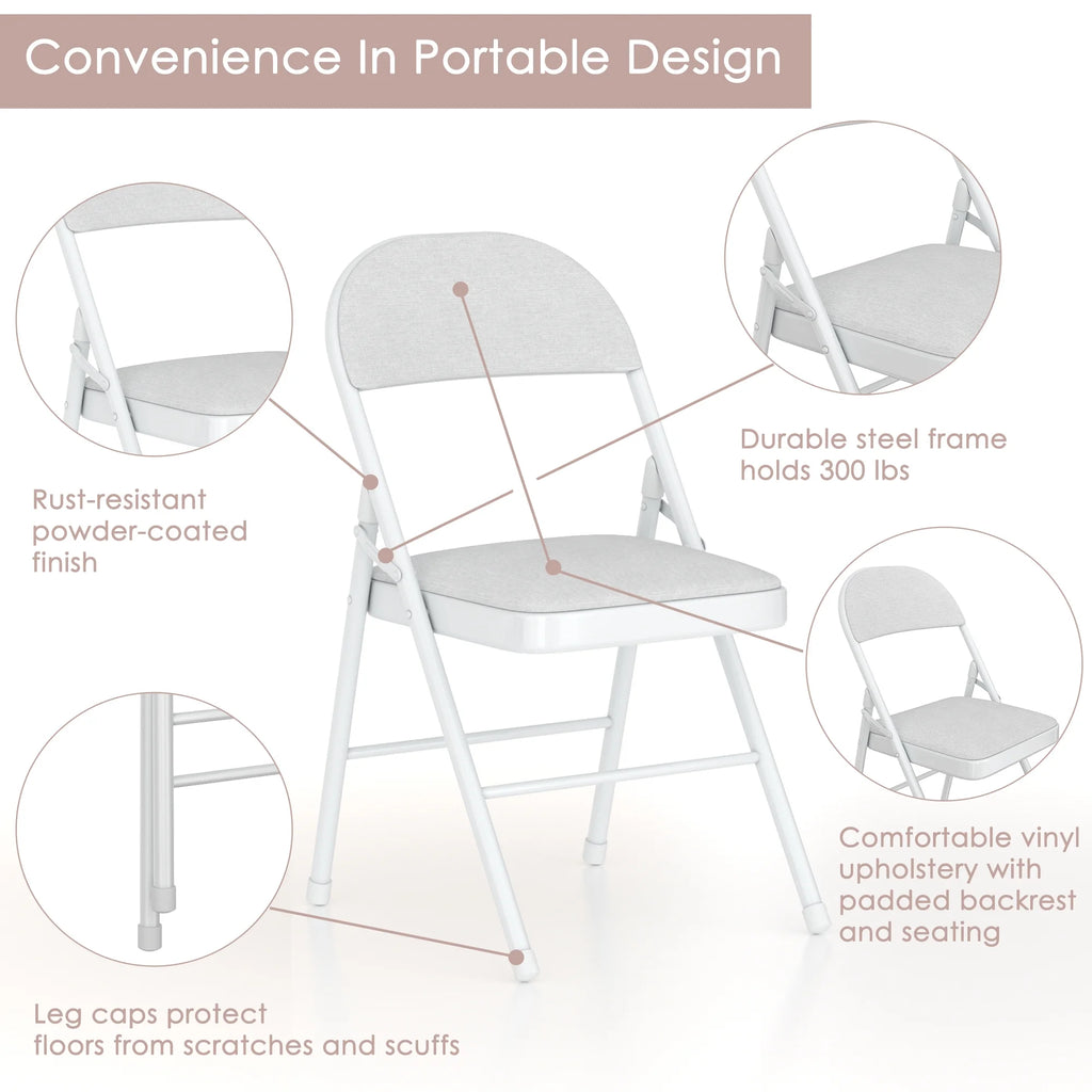 VECELO Set of 4 Folding Chairs, Fabric Dining Chair Set with Padded Cushion and Back, Indoor Outdoor Upholstered Seat with Metal Frame for Home Office Events Wedding Party, Orange