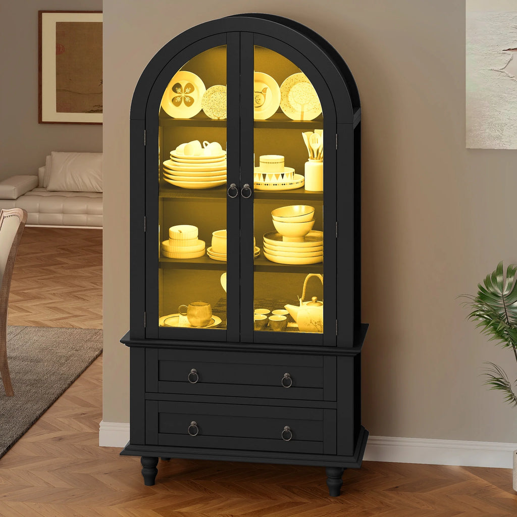 Uforic 73" Arched Pantry Cabinet with LED Light, Drawers, Shelves, Farmhouse Kitchen Storage, Black