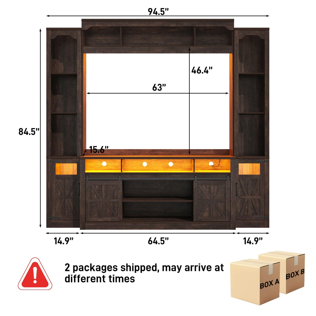 Farmhouse Wall Unit TV Stand with Storage for TVs up to 75", Large Entertainment Center with Bookshelves, LED Light & Power Outlet for Living Room