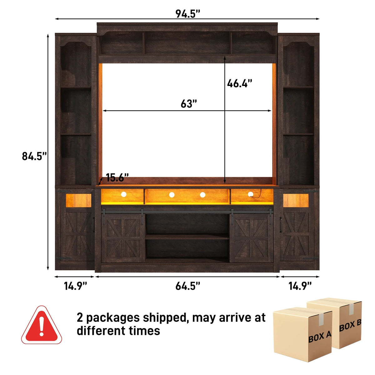 Farmhouse Wall Unit TV Stand with Storage for TVs up to 75", Large Entertainment Center with Bookshelves, LED Light & Power Outlet for Living Room