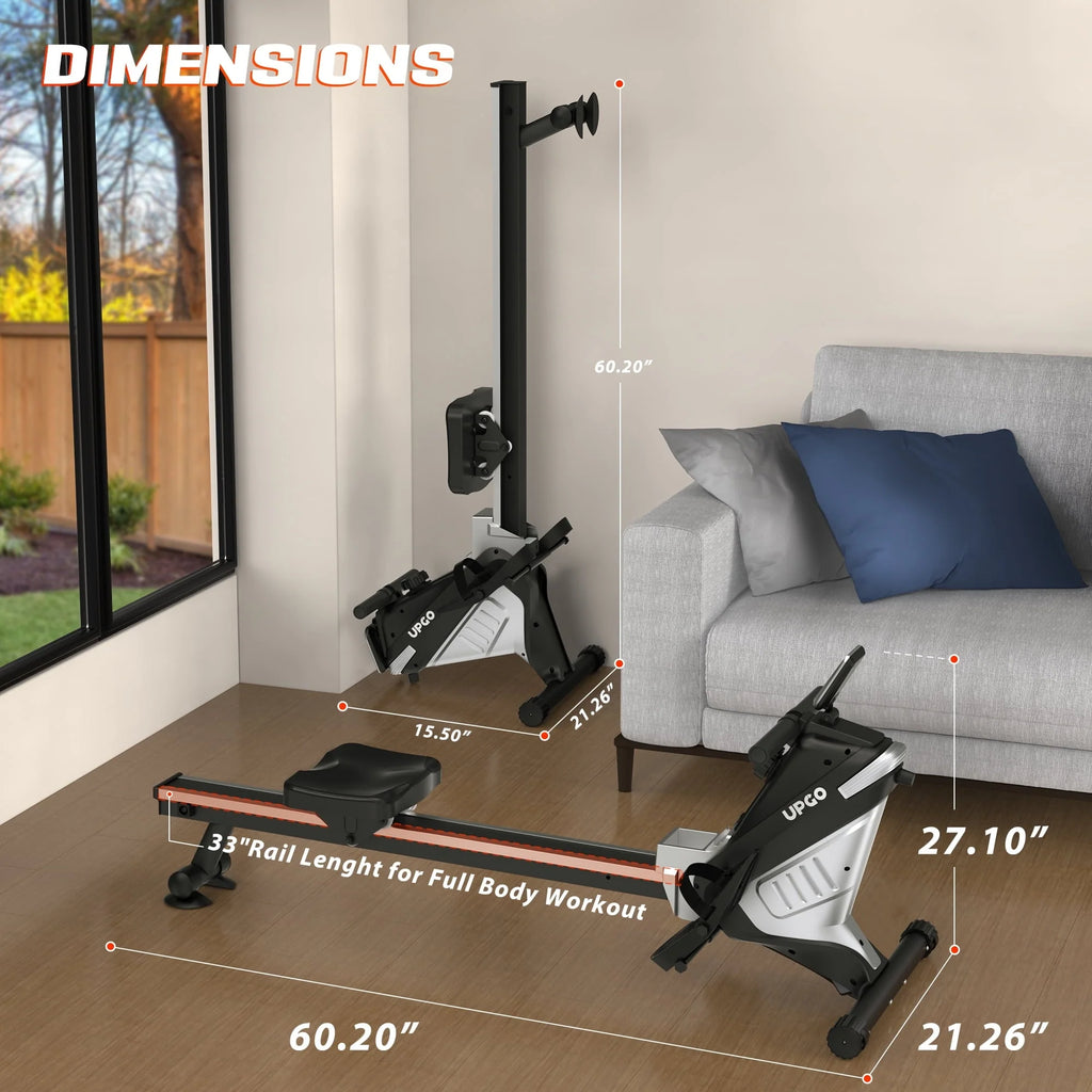 Upgo Rower Magnetic Rowing Machine for Home Use 300lbs Max Weight Indoor Rower with 8 Level Adjustable Quiet Magnetic Resistance and LCD Monitor