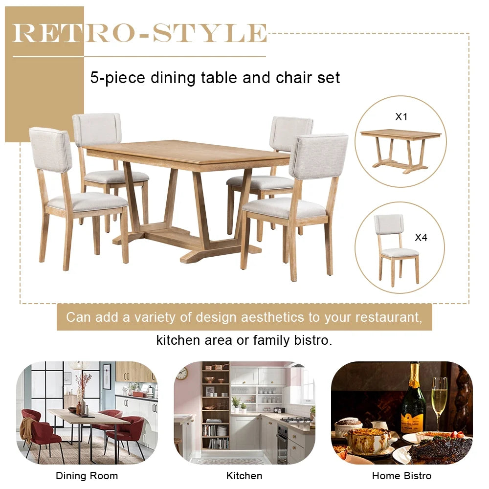 5 Piece Dining Table Set, Atumon Dining Table Set for 4, Wood Dining Room Set with 1 Table and 4 Upholstered Chairs, Farmhouse Dining Table Set for Kitchen Dining Room Apartment, Natural