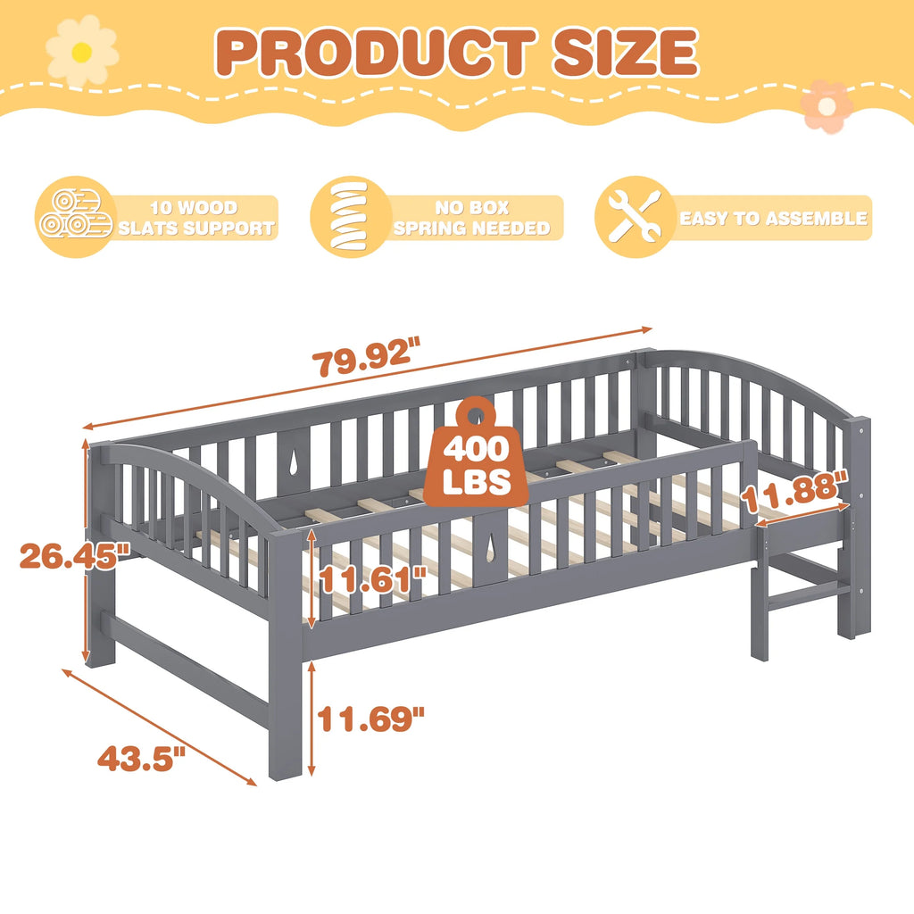 SESSLIFE Twin Size Platform Bed, Solid Wood Twin Bed Frame with Slats, Fence Guardrail Ladder, Twin Floor Bed with Strong Legs for Boys Girls, No Box Spring Needed, Holds 400 lbs, White