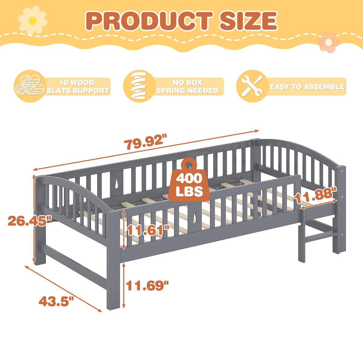 SESSLIFE Twin Size Platform Bed, Solid Wood Twin Bed Frame with Slats, Fence Guardrail Ladder, Twin Floor Bed with Strong Legs for Boys Girls, No Box Spring Needed, Holds 400 lbs, White