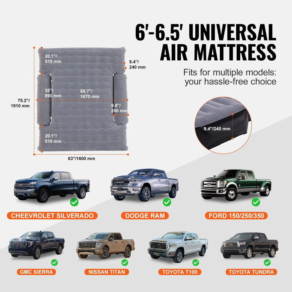 Truck Bed Air Mattress, for 6-6.5 ft Full Size Truck Beds, Carry Bag, for Chevrolet Silverado, Dodge Ram, Inflatable Air Mattress Camping Bed with 12V Air Pump 2 Pillows, Ford 150/250/350