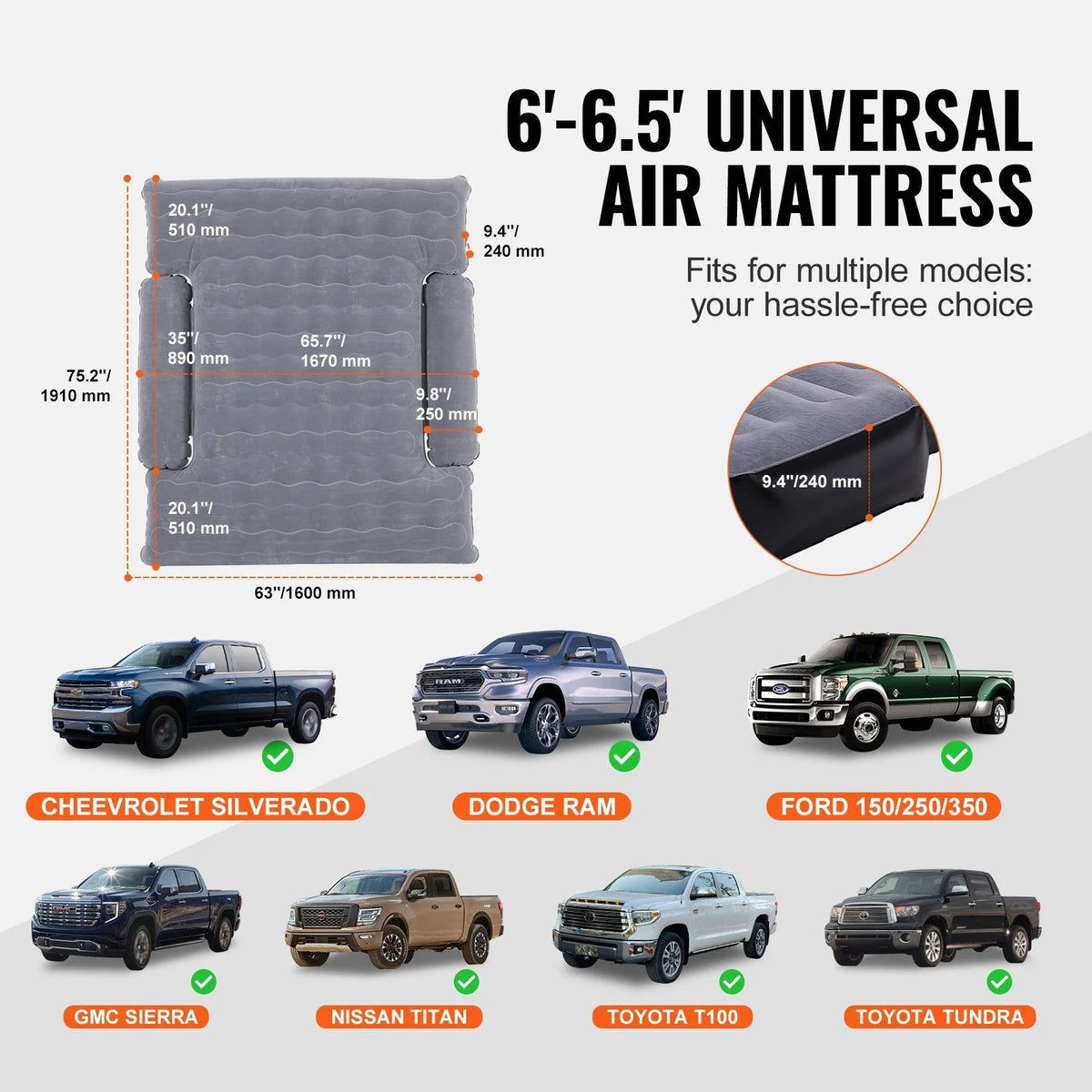 Truck Bed Air Mattress, for 6-6.5 ft Full Size Truck Beds, Carry Bag, for Chevrolet Silverado, Dodge Ram, Inflatable Air Mattress Camping Bed with 12V Air Pump 2 Pillows, Ford 150/250/350