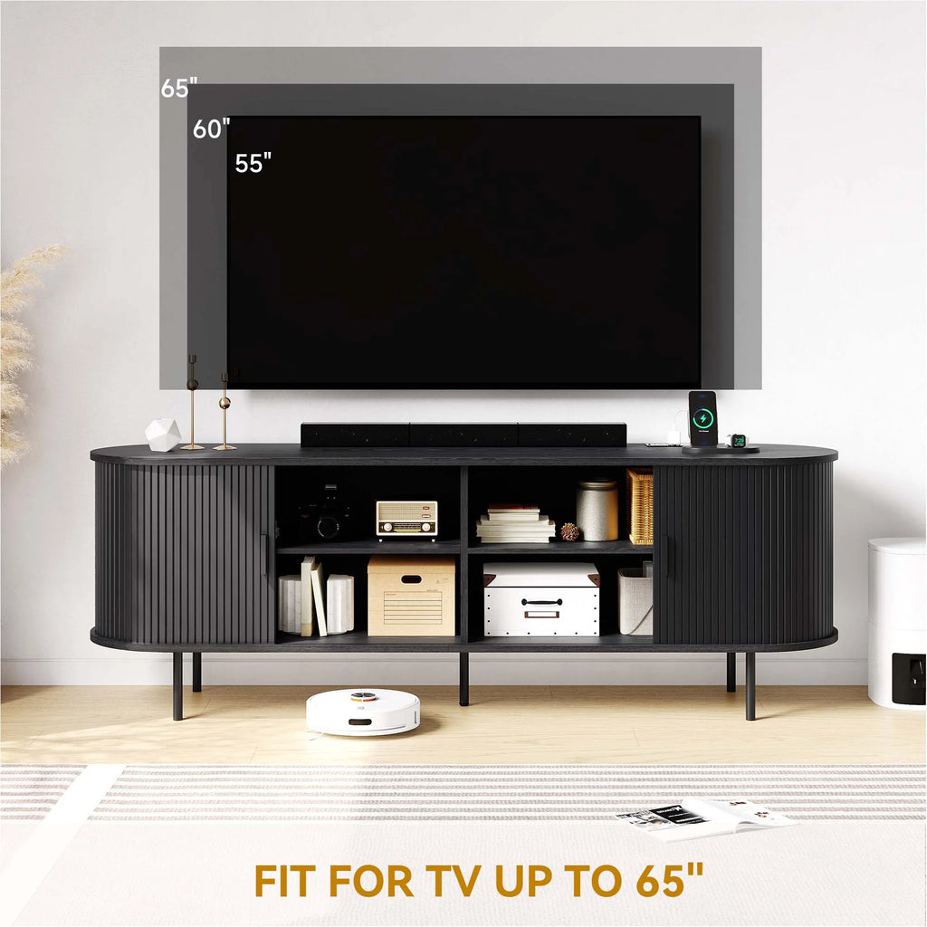 MARNUR 63" TV Stand for 70" TV, Wood Entertainment Center with Storage and Shelves, 2 Sliding Tambour Doors, Mid-Century Modern, Walnut