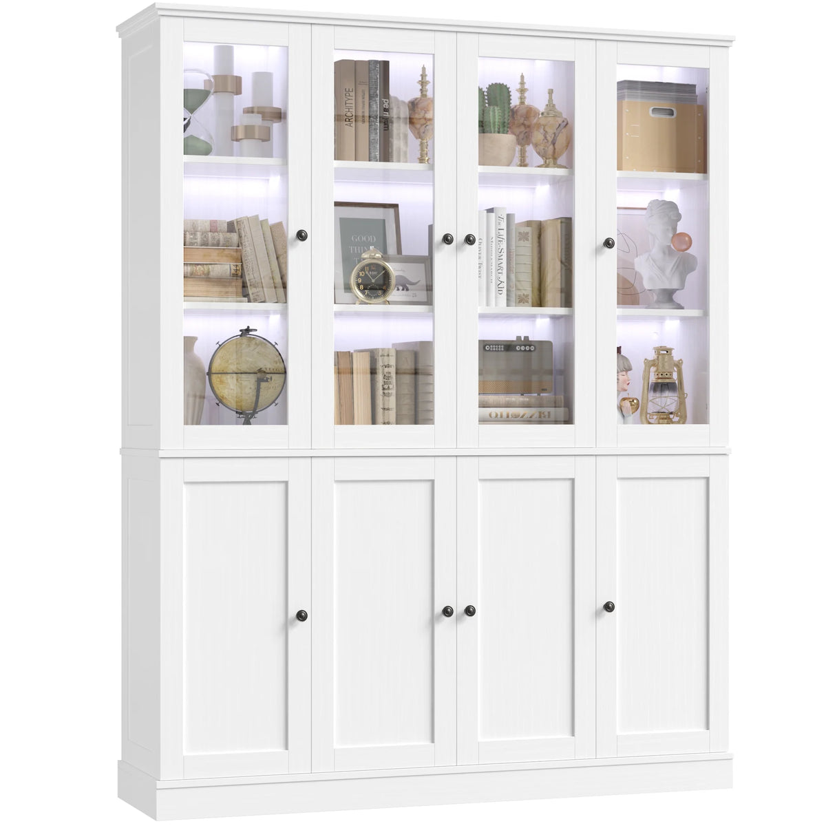 Homfa Kitchen Pantry Cabinet with Glass Doors, 74���� Tall Display Cabinets with LED & Adjustable Shelves for Living Room Office, White
