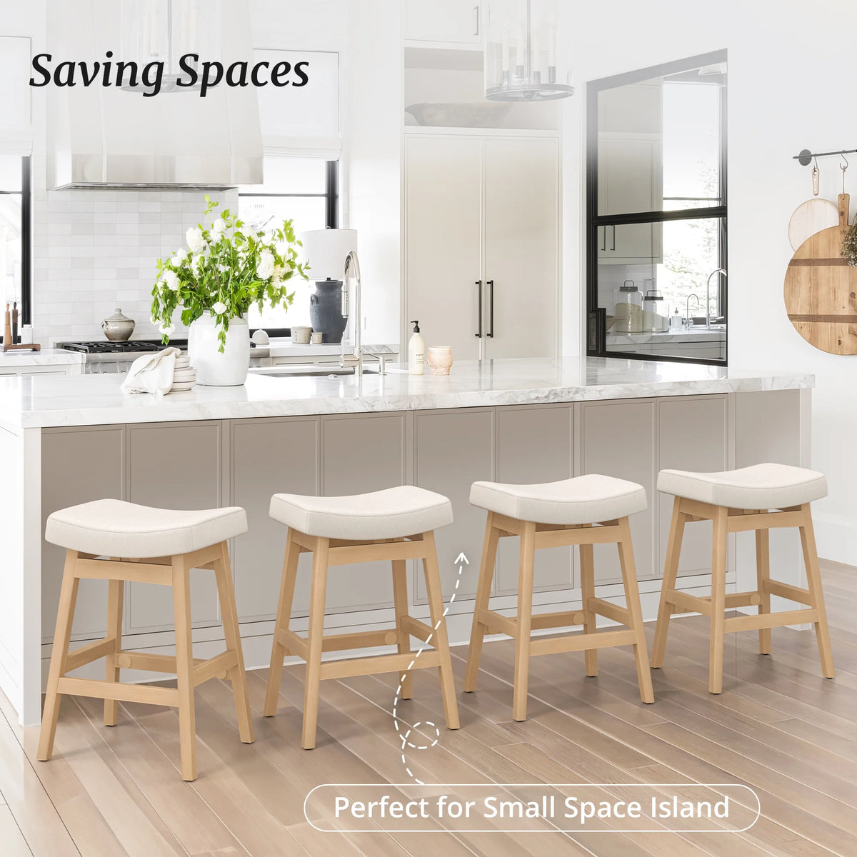 Dycanpo Saddle Seat Counter Height Bar Stools Set of 3 for Kitchen, Dining, 24in, Beige-Fabric